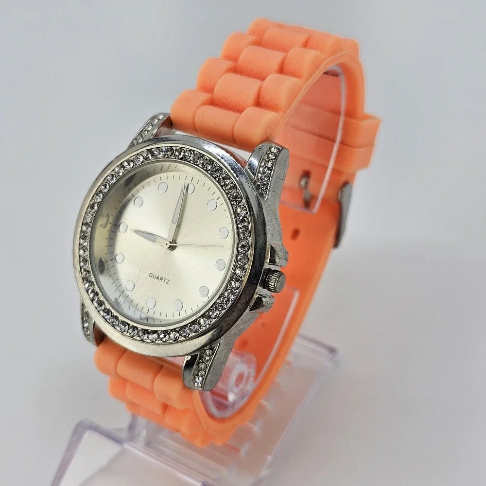 Women Analog Watch 41MM Gray Dial Crystal Bezel Orange Plastic Bands NEW Battery